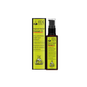 Packaging and bottle of Indie Extracts Beyond Relief Massage Oil.