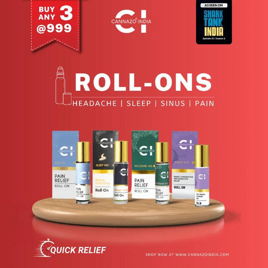 Advertisement for Cannazo India roll-ons on a red background with product display.