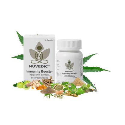 Box and bottle of NUVEDIC CBD Capsules Immunity Booster with various herbs and spices.

