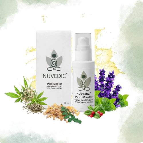 NUVEDIC Pain Master cbd oil product bottle with herbal and plant elements.