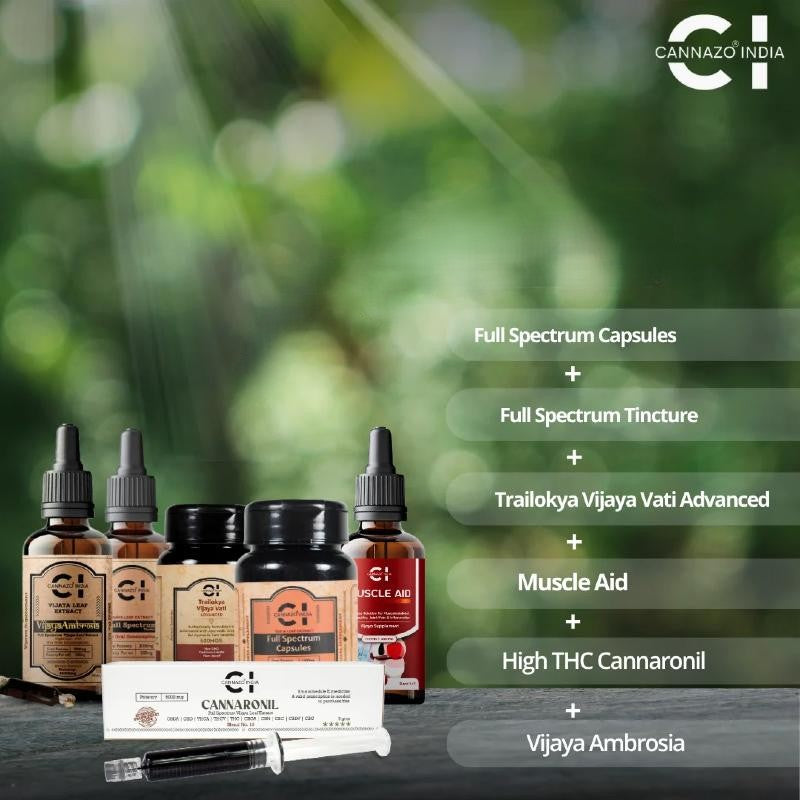 Collection of Cannazo India CBD products with a blurred green background