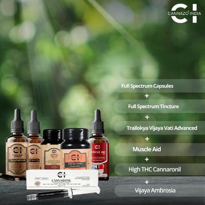 Collection of Cannazo India CBD products with a blurred green background