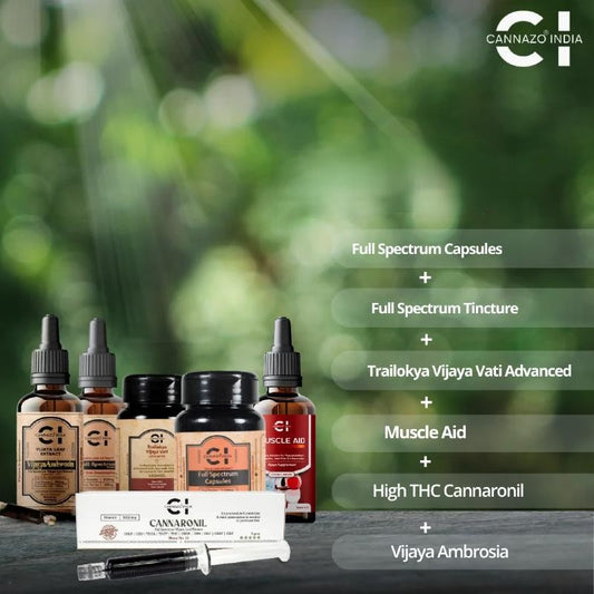Collection of Cannazo India CBD products with a blurred green background