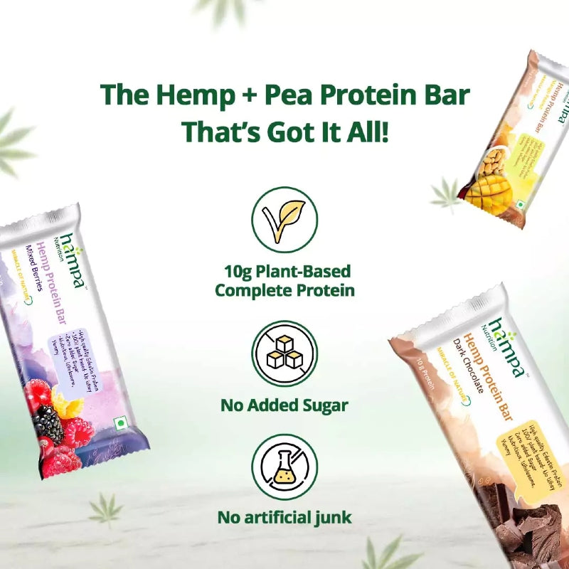 Hemp + Pea Protein Bars with branding and health benefits on a light green background