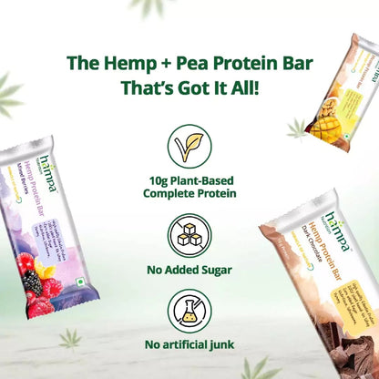 Hemp + Pea Protein Bars with branding and health benefits on a light green background