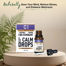 Load image into Gallery viewer, CBD oil product &quot;Calm Drops&quot; with packaging, dropper, and plant decor on a neutral background.
