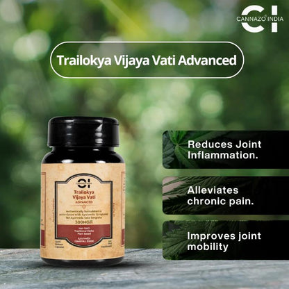 Trailokya Vijaya Vati Advanced supplement bottle with greenery in the background