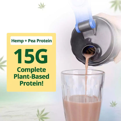 Protein powder being poured into a glass with a label highlighting hemp, pea protein, and 15 grams of complete plant-based protein.