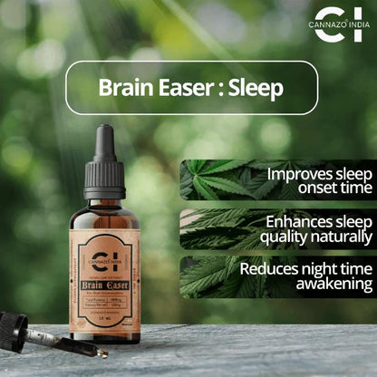 CBD Oil Bottle of 'Brain Easer Sleep' with cannabis leaves and text on a blurred green background