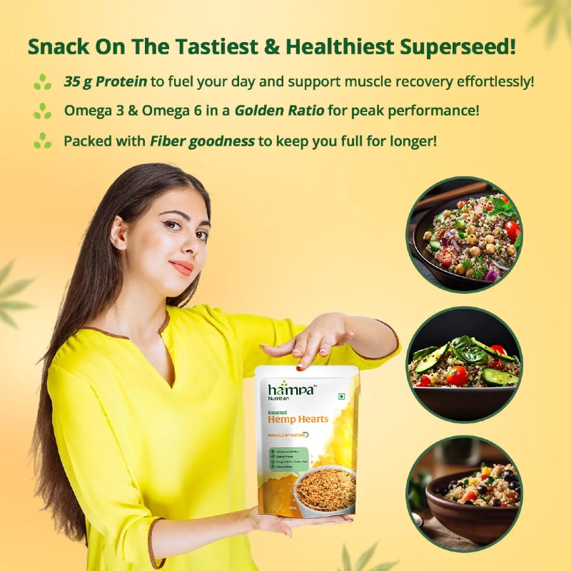 Woman holding a package of hemp hearts with health benefits highlighted on a yellow background