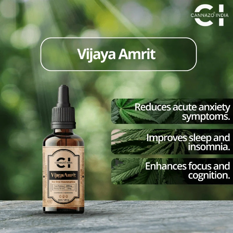 Vijaya Amrit CBD Oil bottle with cannabis leaves and text on a blurred green background