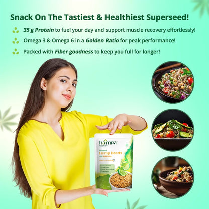 Woman holding a Hama Hemp Hearts package with images of food and text about health benefits on a green background