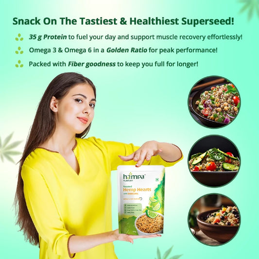 Woman holding a Hama Hemp Hearts package with images of food and text about health benefits on a green background