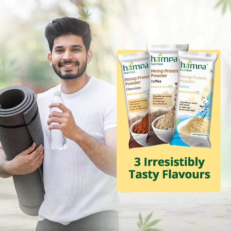 Man holding a yoga mat with Hampa Hemp Protein Powder packages displayed on a blurred natural background