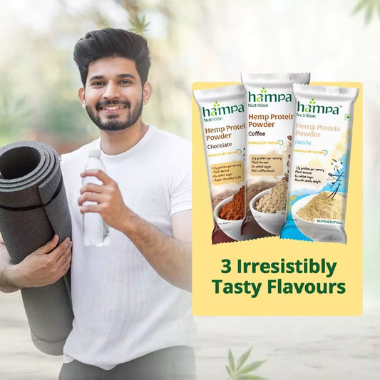 Man holding a yoga mat with Hampa Hemp Protein Powder packages displayed on a blurred natural background