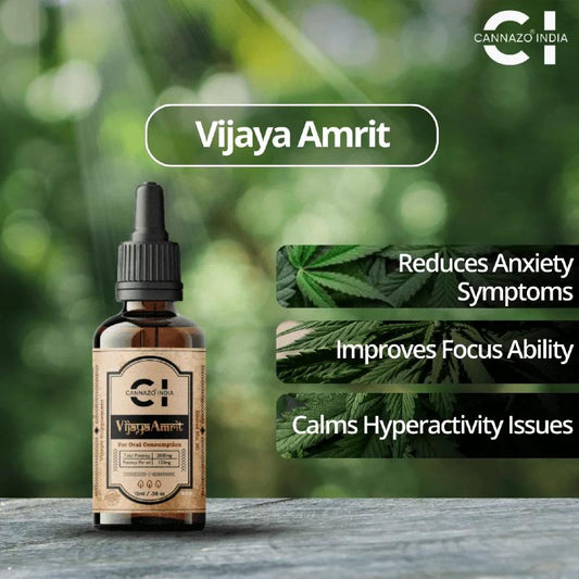Vijaya Amrit CBD Oil bottle with cannabis leaves on a blurred green background