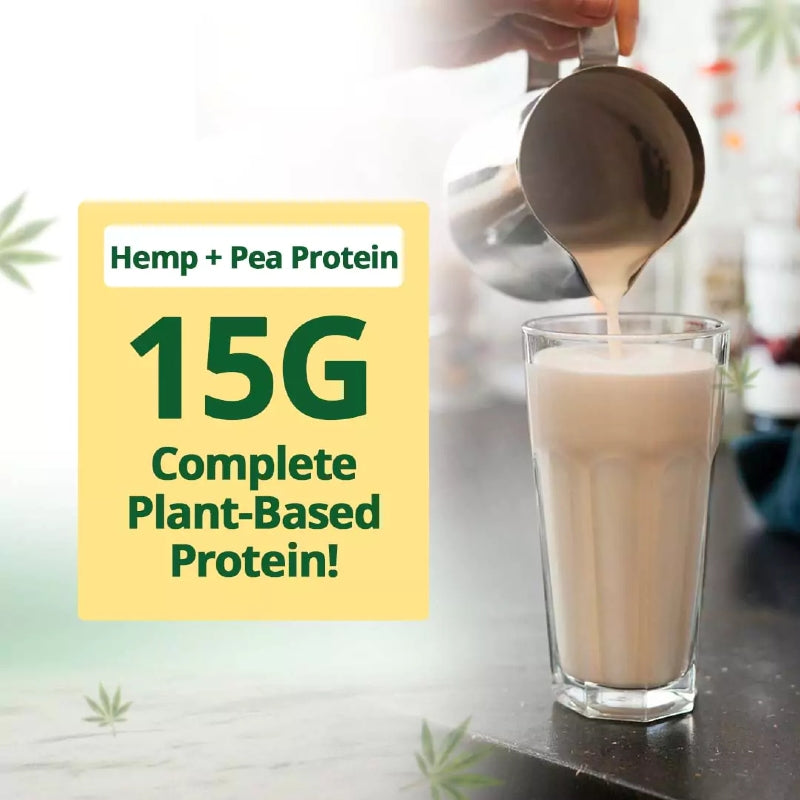 Glass of hemp + pea protein being poured with a label highlighting protein content.