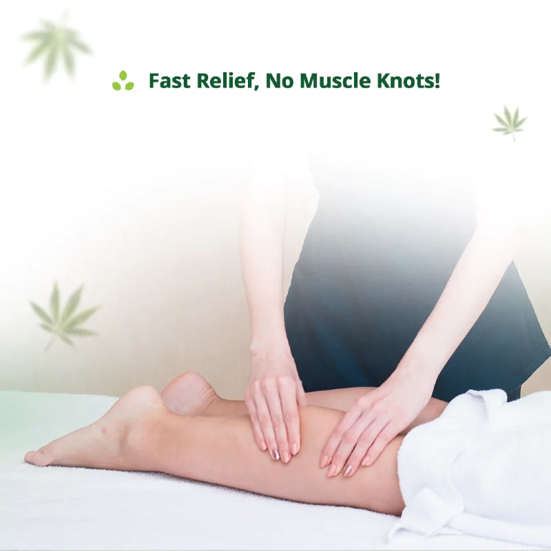 Person receiving a leg massage with text 'Fast Relief, No Muscle Knots!' and cannabis leaf graphics.