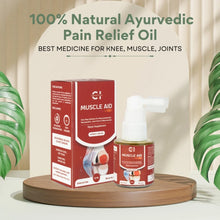 Load image into Gallery viewer, Ad for Cannazo Ayurvedic CBD pain relief oil, box and bottle on wooden stand with plant, for knee, muscle, and joints.
