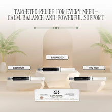 Load image into Gallery viewer, Three cannabis oil syringes labeled CBD rich, Balanced, THC rich, with calming background and product branding.
