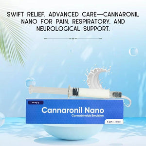 Cannaronil Nano packaging with syringe on a blue background