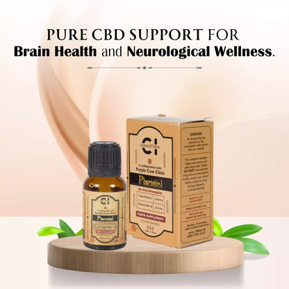 CBD oil bottle and box on wood with text "Pure CBD Support for Brain Health and Neurological Wellness."