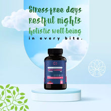 Load image into Gallery viewer, A bottle of cbd gummies on a light blue platform with clouds and text about stress relief and well-being.

