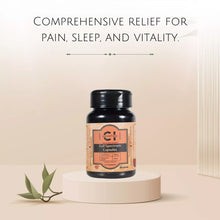 Load image into Gallery viewer, Bottle of &quot;Cannazo India Full Spectrum Capsules&quot; for pain, sleep, and vitality on a pedestal with a leaf.
