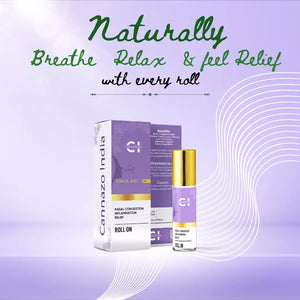 Promotional display of Cannazo India's Sinus Aid roll-on against a purple background.
