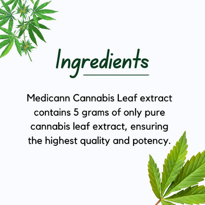 Ingredients: Medicann Cannabis Leaf Extract Premium contains 5 grams of refined cannabis extract with enhanced taste and cannabinoid content.