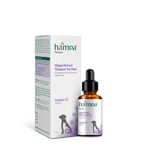 Hampa Petcare Vijaya Extract Tincture for Pets with a dropper bottle and packaging on a white background
