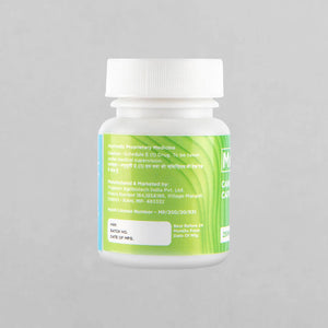 A container holding MediCann cannabis leaf extract capsules.