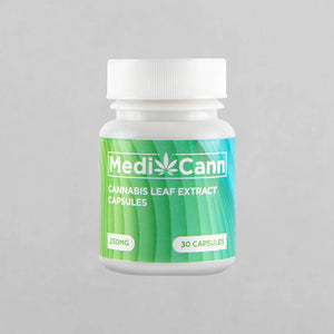 A plastic container filled with Medicann cannabis leaf extract in capsule form.