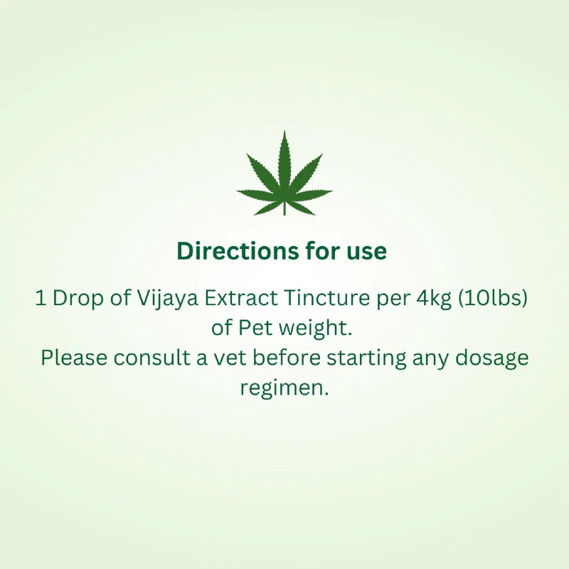 Directions for using Vijaya Extract Tincture with a cannabis leaf icon on a light green background.
