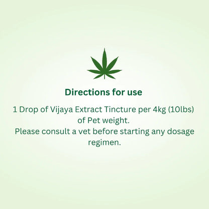 Directions for using Vijaya Extract Tincture with a cannabis leaf icon on a light green background.