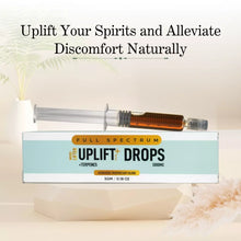 Load image into Gallery viewer, Product advertisement for &quot;Cannazo Uplift Drops&quot; with a syringe on top of its packaging, suggesting a wellness supplement.
