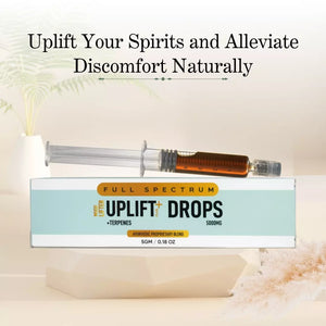 Product advertisement for "Cannazo Uplift Drops" with a syringe on top of its packaging, suggesting a wellness supplement.