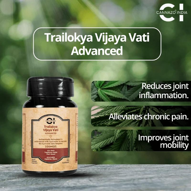 Trailokya Vijaya Vati Advanced bottle with cannabis leaves on a blurred green background