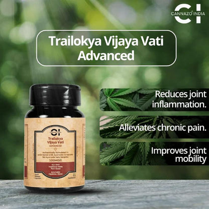 Trailokya Vijaya Vati Advanced bottle with cannabis leaves on a blurred green background