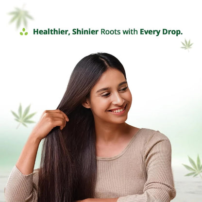 Woman with long, healthy hair against a green background with text about healthier and shinier roots.