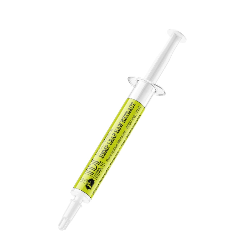 Plastic syringe filled with Indie Extracts, Hemp Raw Medical Cannabis Extract.