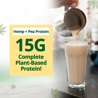 Protein shake being poured into a glass with a label highlighting hemp and pea protein content.