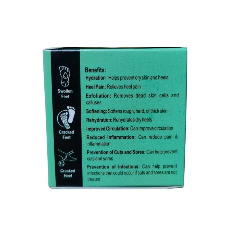 Box with foot care benefits listed on a white background