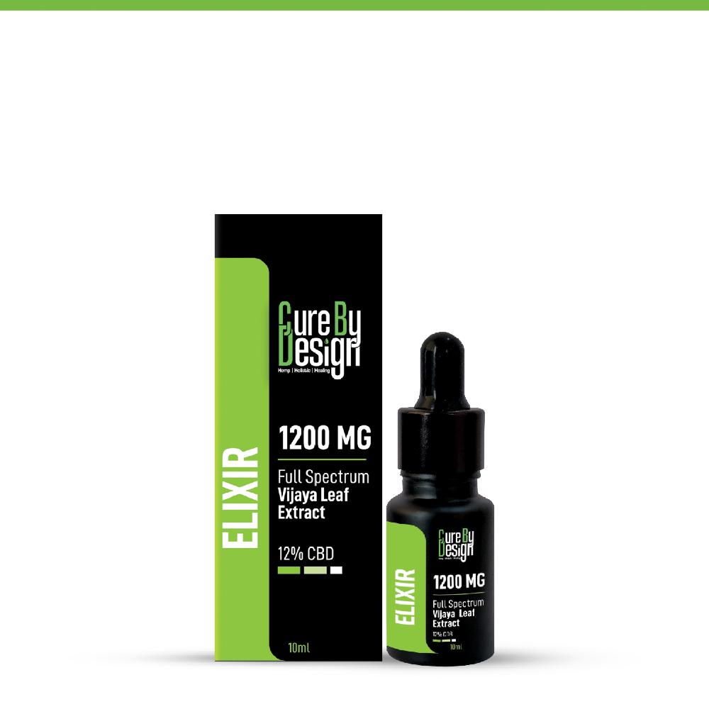Cure By Design CBD Oil elixir bottle and packaging on a white background