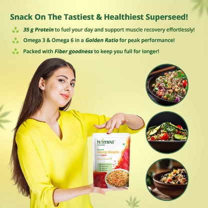 Woman holding a package of h mana superseed with health benefits highlighted on a green background
