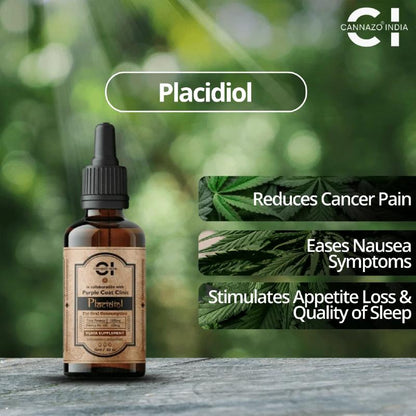 Bottle of Placidiol CBD Oil with cannabis leaves and text on a blurred green background