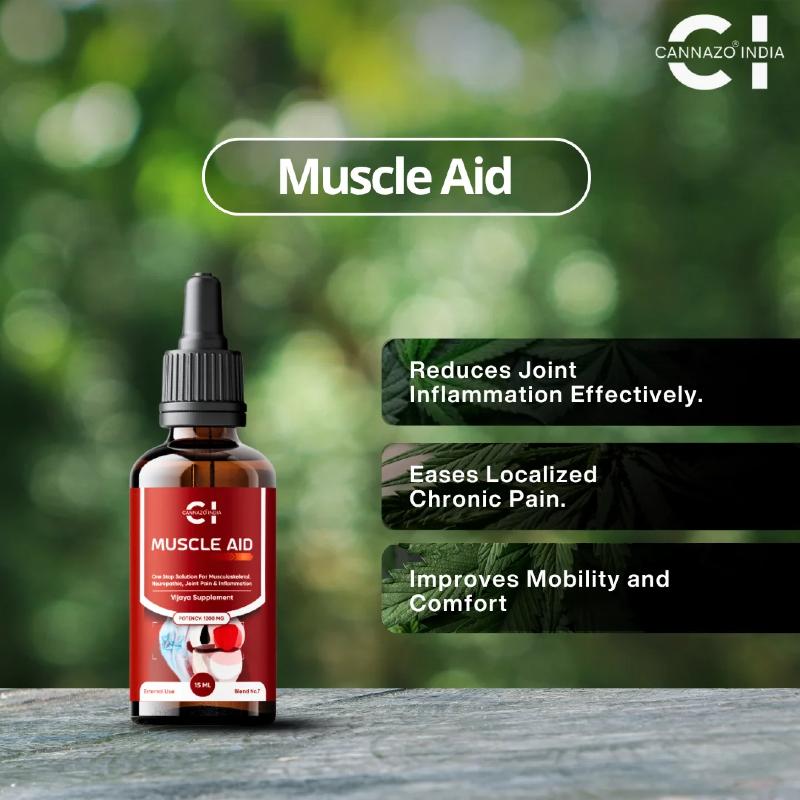 Cannazo India Muscle Aid bottle with text on a blurred green background