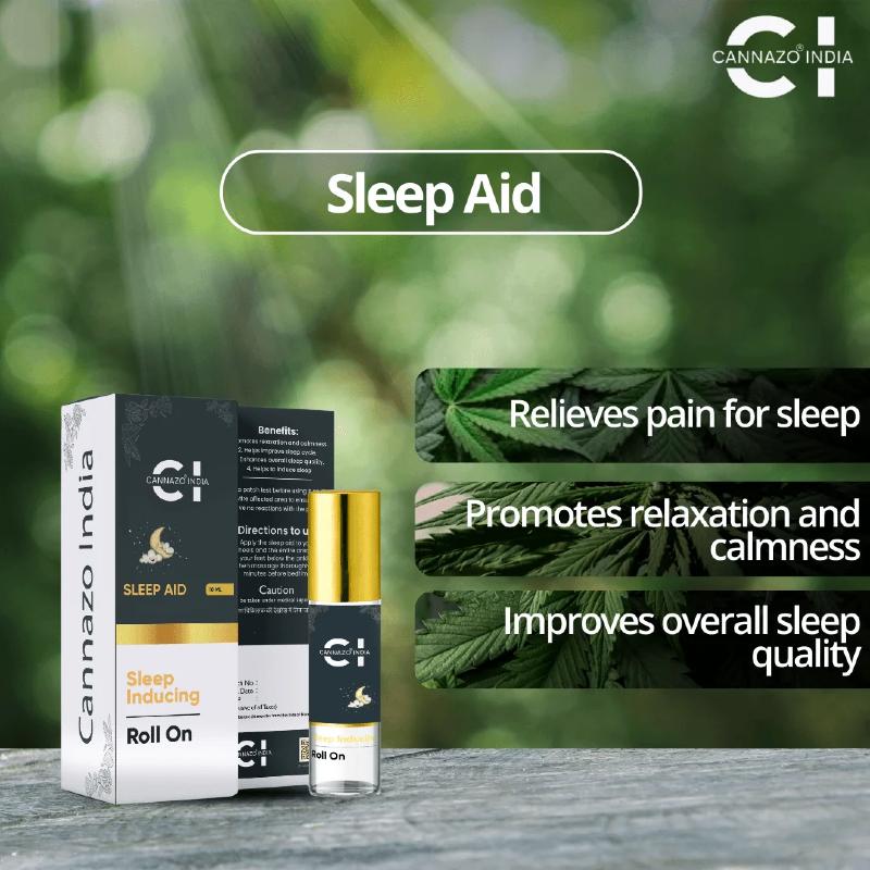 Cannazo India sleep aid CBD products with text on a blurred green background