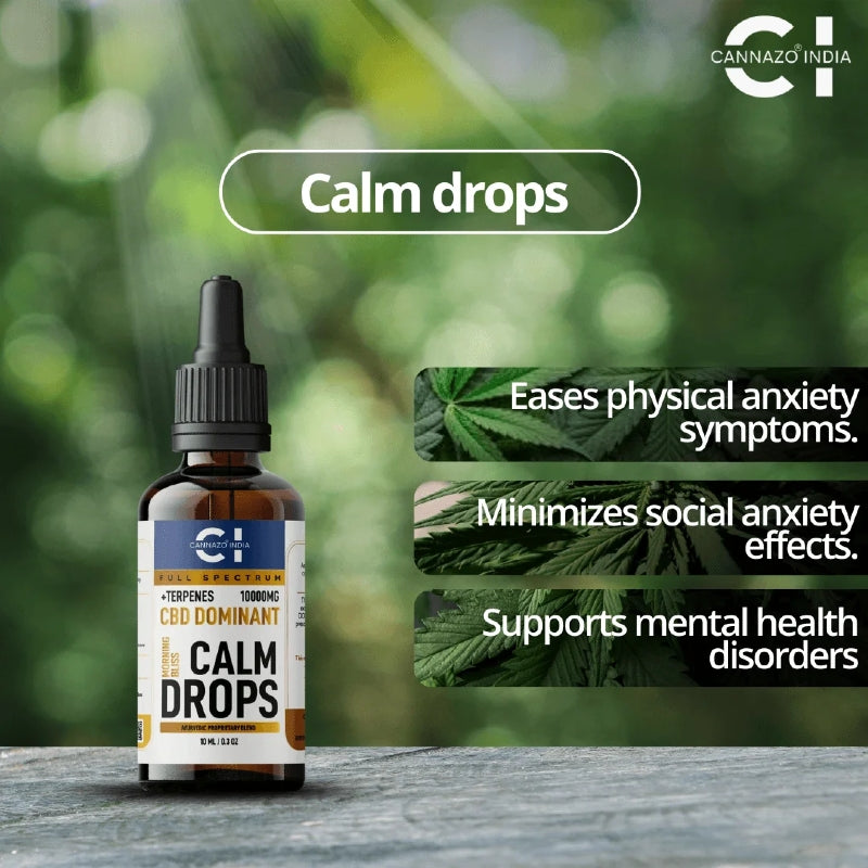 CBD product bottle labeled 'Calm Drops' with text about its benefits on a blurred green background.