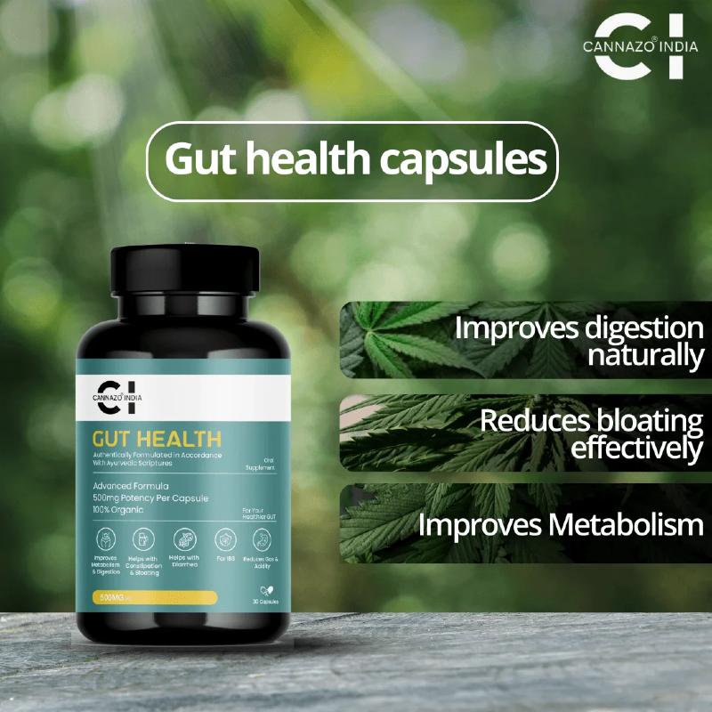 Gut health capsules with cannabis leaves on a blurred green background